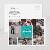 Blauwgroen dank u bruiloft foto collage aankondigingskaart (Voorkant / Achterkant)