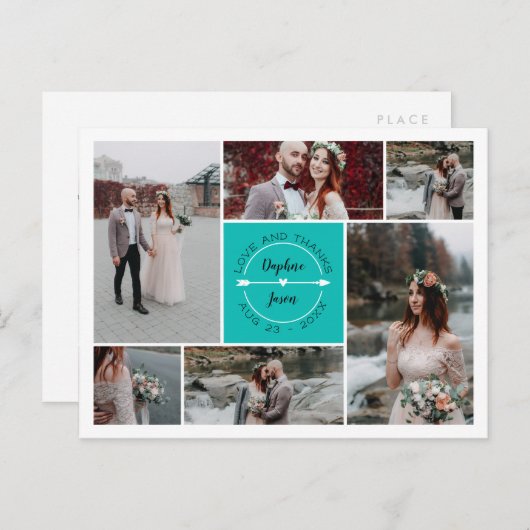 Blauwgroen dank u bruiloft foto collage aankondigingskaart (Voorkant / Achterkant)