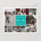 Blauwgroen dank u bruiloft foto collage aankondigingskaart (Voorkant)