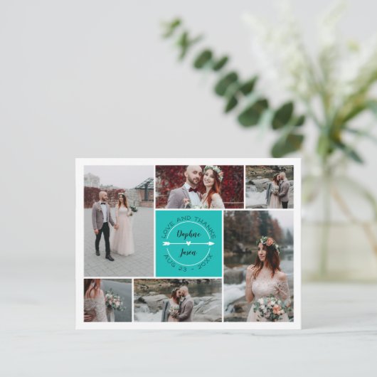 Blauwgroen dank u bruiloft foto collage aankondigingskaart (Staand voorkant)
