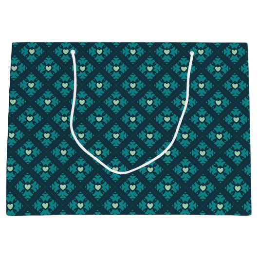 Blauwgroen Deco Hearts Patterned Groot Cadeauzakje (Voorkant)