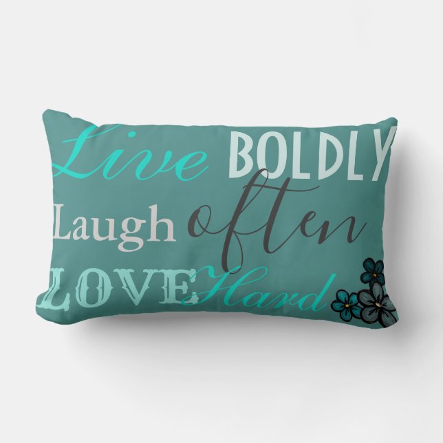 Blauwgroen decoratief Sierkussen "Live, Laugh, Lov Kussen (Voorkant)