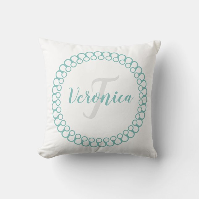 Blauwgroen Decoratieve Cirkel Pas Monogram Pillow  Kussen (Voorkant)