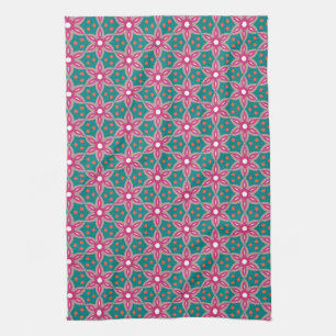 Blauwgroen + Deep Pink geometrisch bloempatroon Theedoek