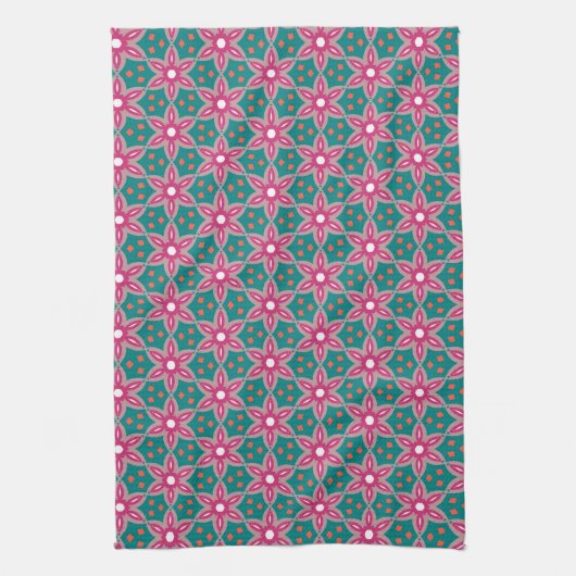 Blauwgroen + Deep Pink geometrisch bloempatroon Theedoek (Verticaal)