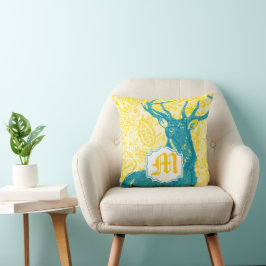 Blauwgroen deer op geel Floral Pattern Kussen
