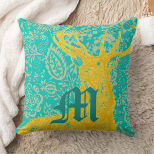 Blauwgroen deer op geel Floral Pattern Kussen