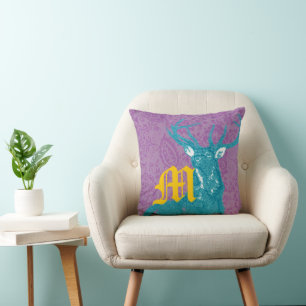 Blauwgroen Deer op Paarse Floral Pattern Kussen