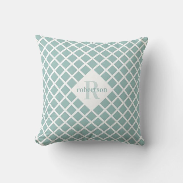 Blauwgroen Diamond Pattern Modern Monogram Kussen (Voorkant)