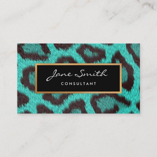 Blauwgroen dierenhuid, luipaard, faux Gold Foil Visitekaartje (Voorkant)