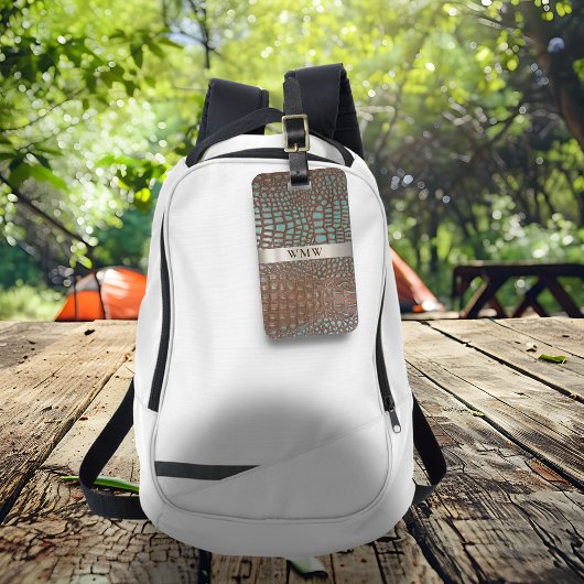 Blauwgroen digitaal leder Titanium-monogram Bagagelabel