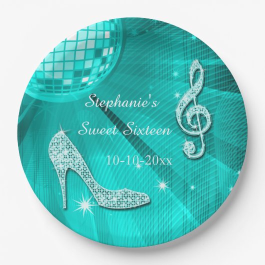 Blauwgroen Disco Ball en Heels Sweet 16 Papieren Bordje (Voorkant)