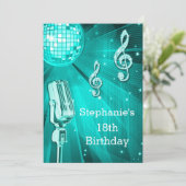 Blauwgroen Disco Ball en Retro Microfoon 18e Verja Kaart (Staand voorkant)