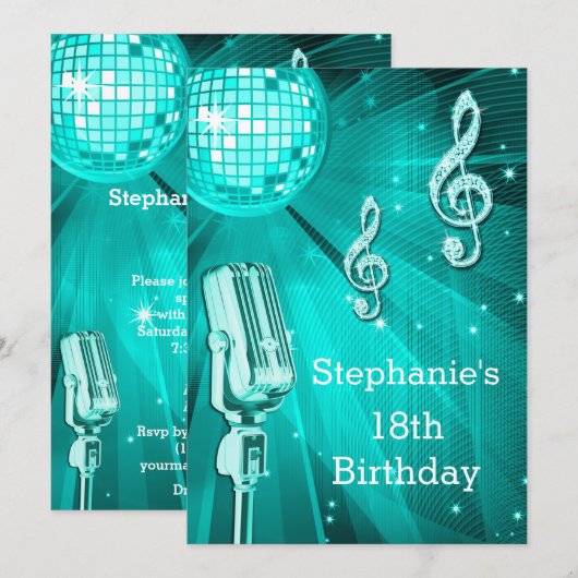 Blauwgroen Disco Ball en Retro Microfoon 18e Verja Kaart (Voorkant / Achterkant)
