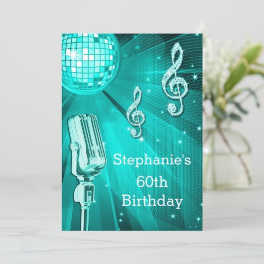 Blauwgroen Disco Ball en Retro Microfoon 60e Verja Kaart (Staand voorkant)