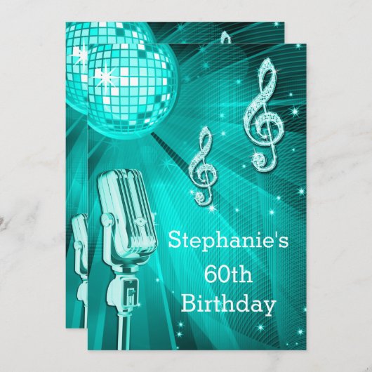 Blauwgroen Disco Ball en Retro Microfoon 60e Verja Kaart (Voorkant / Achterkant)