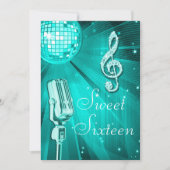 Blauwgroen Disco Ball en Retro Microfoon Sweet 16 Kaart (Voorkant)