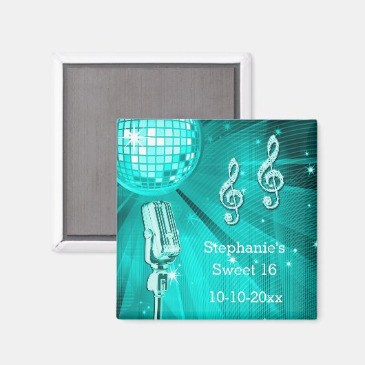 Blauwgroen Disco Ball en Retro Microfoon Sweet 16 Magneet (Voorkant / Achterkant)