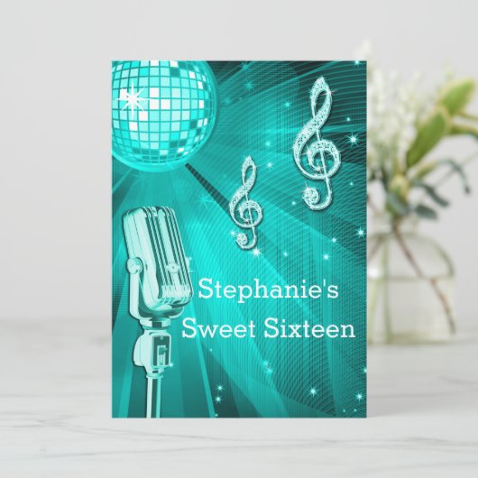 Blauwgroen Disco Ball en Retro Microphone Sweet Si Kaart (Staand voorkant)