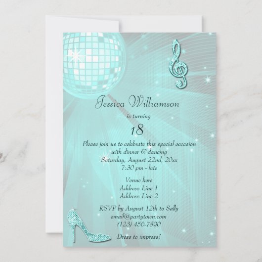 Blauwgroen Disco Ball en Sparkle Heels 18e Verjaar Kaart (Achterkant)