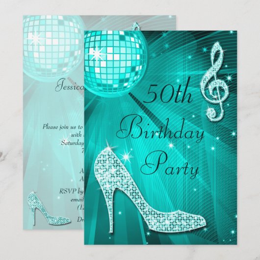 Blauwgroen Disco Ball en Sparkle Heels 50e Verjaar Kaart (Voorkant / Achterkant)