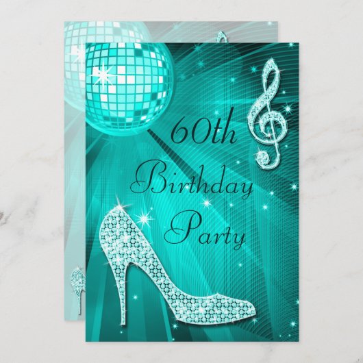 Blauwgroen Disco Ball en Sparkle Heels 60e Verjaar Kaart (Voorkant / Achterkant)
