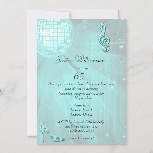 Blauwgroen Disco Ball en Sparkle Heels 65e Verjaar Kaart (Achterkant)
