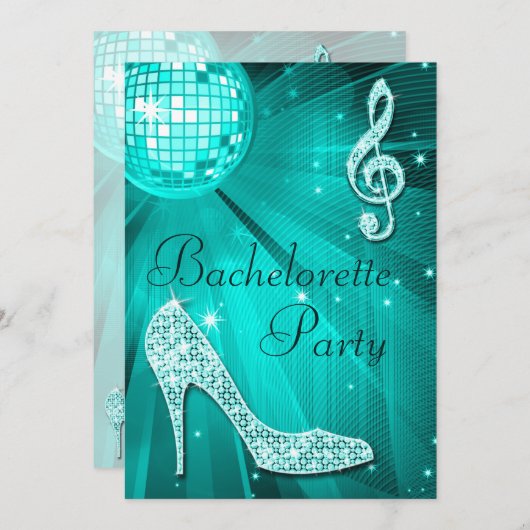 Blauwgroen Disco Ball en Sparkle Heels Bachelorett Kaart (Voorkant / Achterkant)