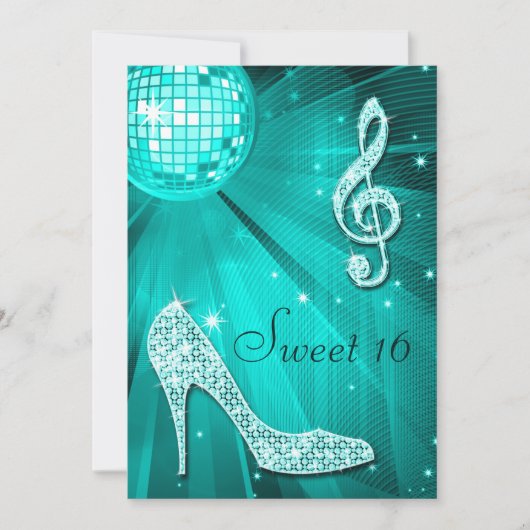 Blauwgroen Disco Ball en Sparkle Heels Sweet 16 Kaart (Voorkant)