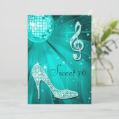 Blauwgroen Disco Ball en Sparkle Heels Sweet 16 Kaart (Staand voorkant)