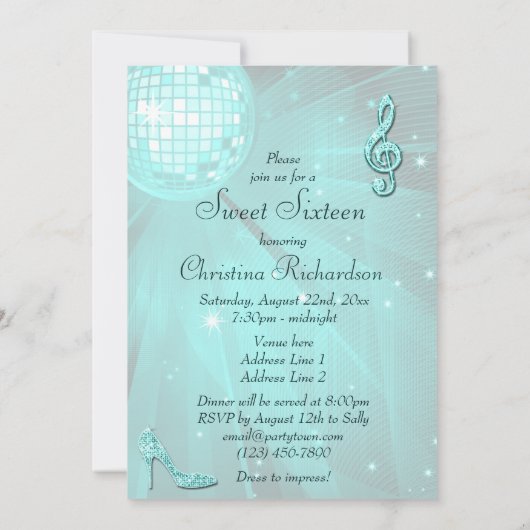 Blauwgroen Disco Ball en Sparkle Heels Sweet 16 Kaart (Achterkant)