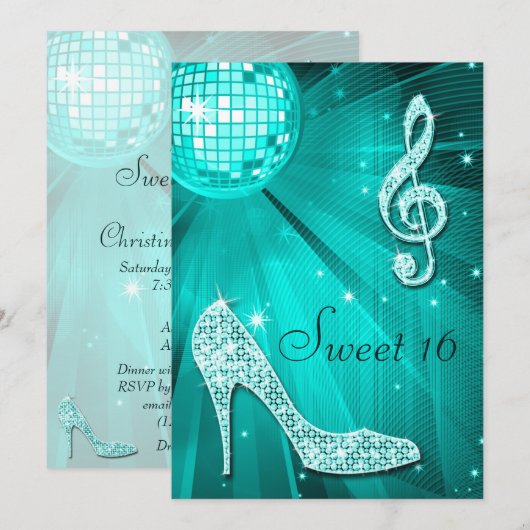 Blauwgroen Disco Ball en Sparkle Heels Sweet 16 Kaart (Voorkant / Achterkant)