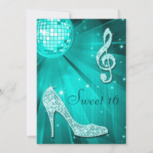 Blauwgroen Disco Ball en Sparkle Heels Sweet 16 Kaart