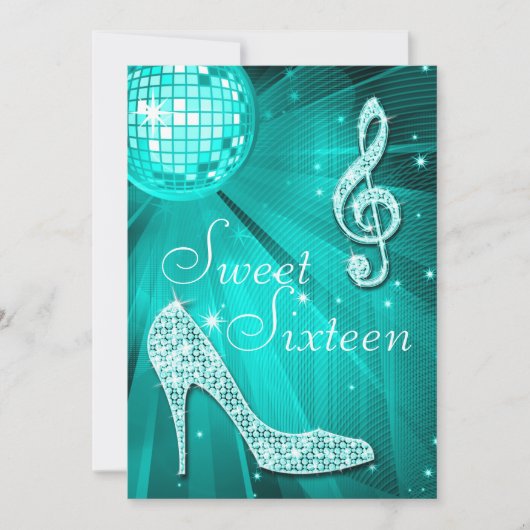 Blauwgroen Disco Ball en Sparkle Heels Sweet 16 Kaart (Voorkant)