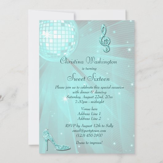 Blauwgroen Disco Ball en Sparkle Heels Sweet 16 Kaart (Achterkant)