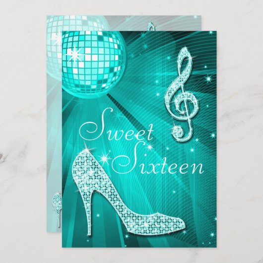 Blauwgroen Disco Ball en Sparkle Heels Sweet 16 Kaart (Voorkant / Achterkant)
