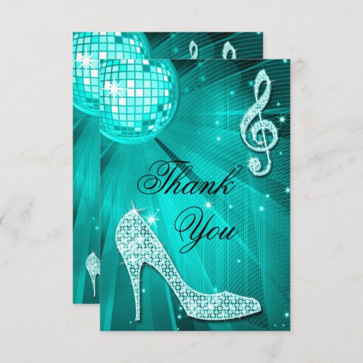 Blauwgroen Disco Ball Sparkle Heels Dank je Bedankkaart (Voorkant / Achterkant)