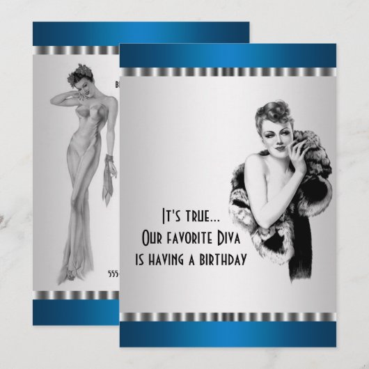Blauwgroen Diva verjaardagsfeestje uitnodiging (Voorkant / Achterkant)
