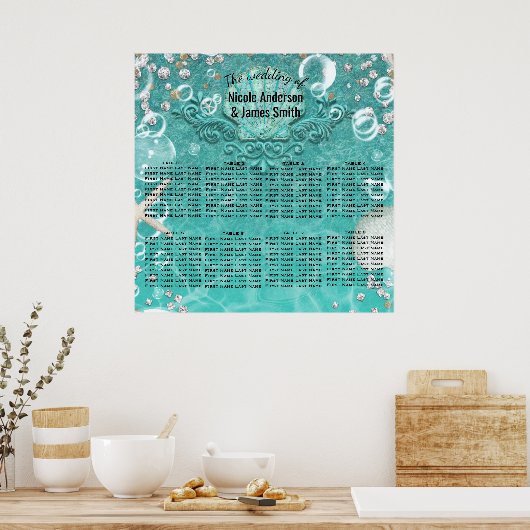 Blauwgroen doorgesluisd Zee Bubelle tafel Poster (Keuken)