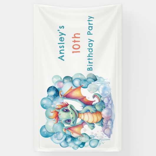 Blauwgroen Draak met Balloon Arch Verjaardagsfeest Spandoek (Verticaal)