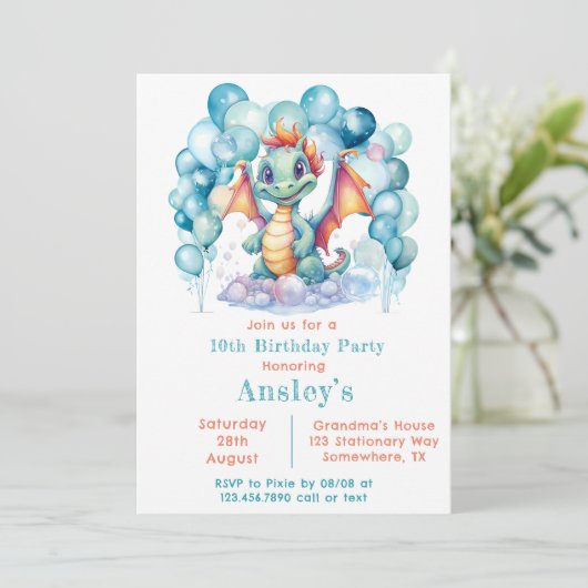 Blauwgroen Dragon en Balloon Arch Verjaardagsfeest Kaart (Staand voorkant)