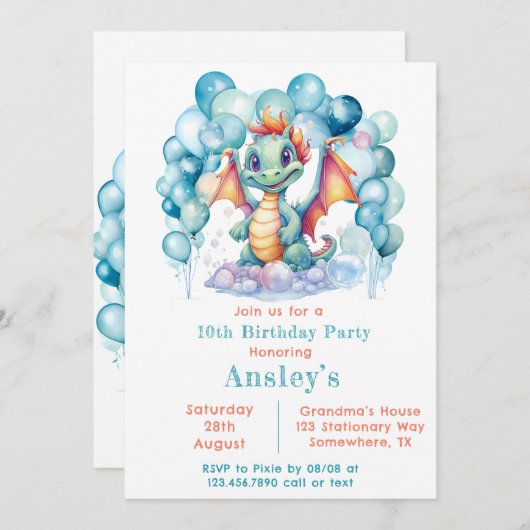 Blauwgroen Dragon en Balloon Arch Verjaardagsfeest Kaart (Voorkant / Achterkant)