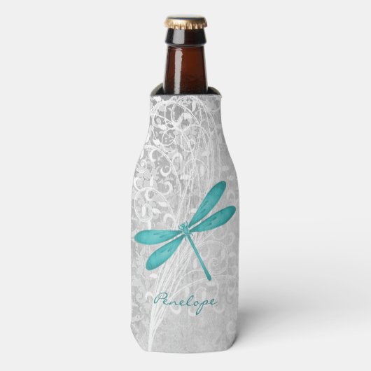Blauwgroen Dragonfly - Aangepaste flessenkoeler Flesjeskoeler (Fles Voorkant)