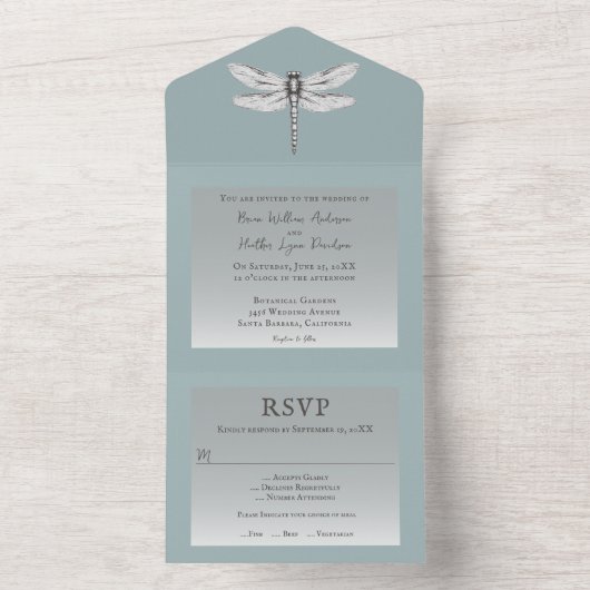 Blauwgroen dragonfly bruiloft all in one uitnodiging (Binnen)