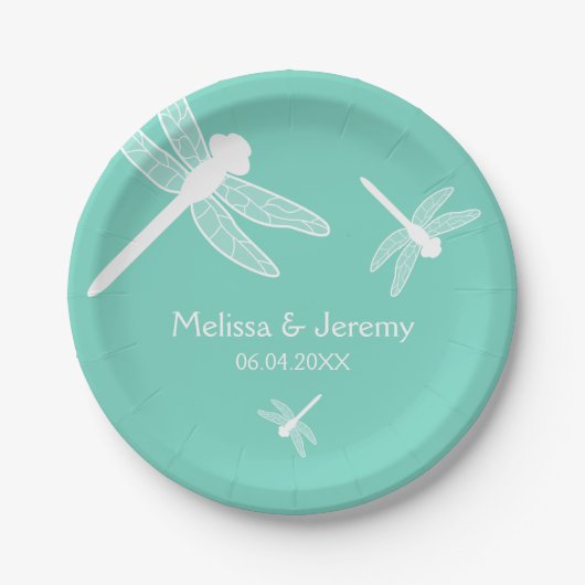 Blauwgroen dragonfly bruiloft papieren bordje (Voorkant)