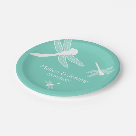 Blauwgroen dragonfly bruiloft papieren bordje (Gekanteld)