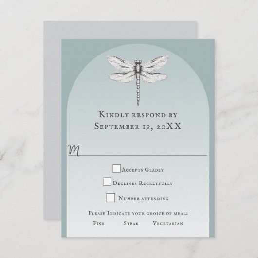 Blauwgroen dragonfly bruiloft RSVP kaartje (Voorkant / Achterkant)