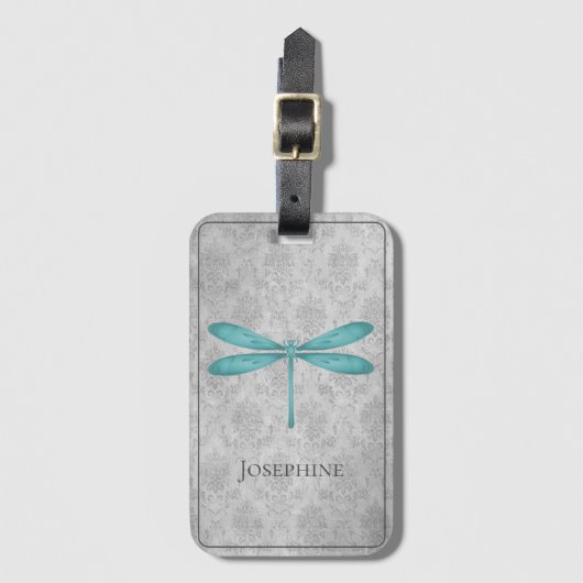 Blauwgroen Dragonfly Damask Bagagelabel (Voorkant (verticaal))