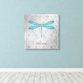 Blauwgroen Dragonfly Damask Canvas Afdruk (Insitu (Houten vloer))