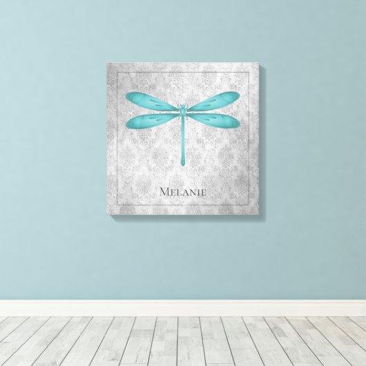 Blauwgroen Dragonfly Damask Canvas Afdruk (Insitu (Houten vloer))